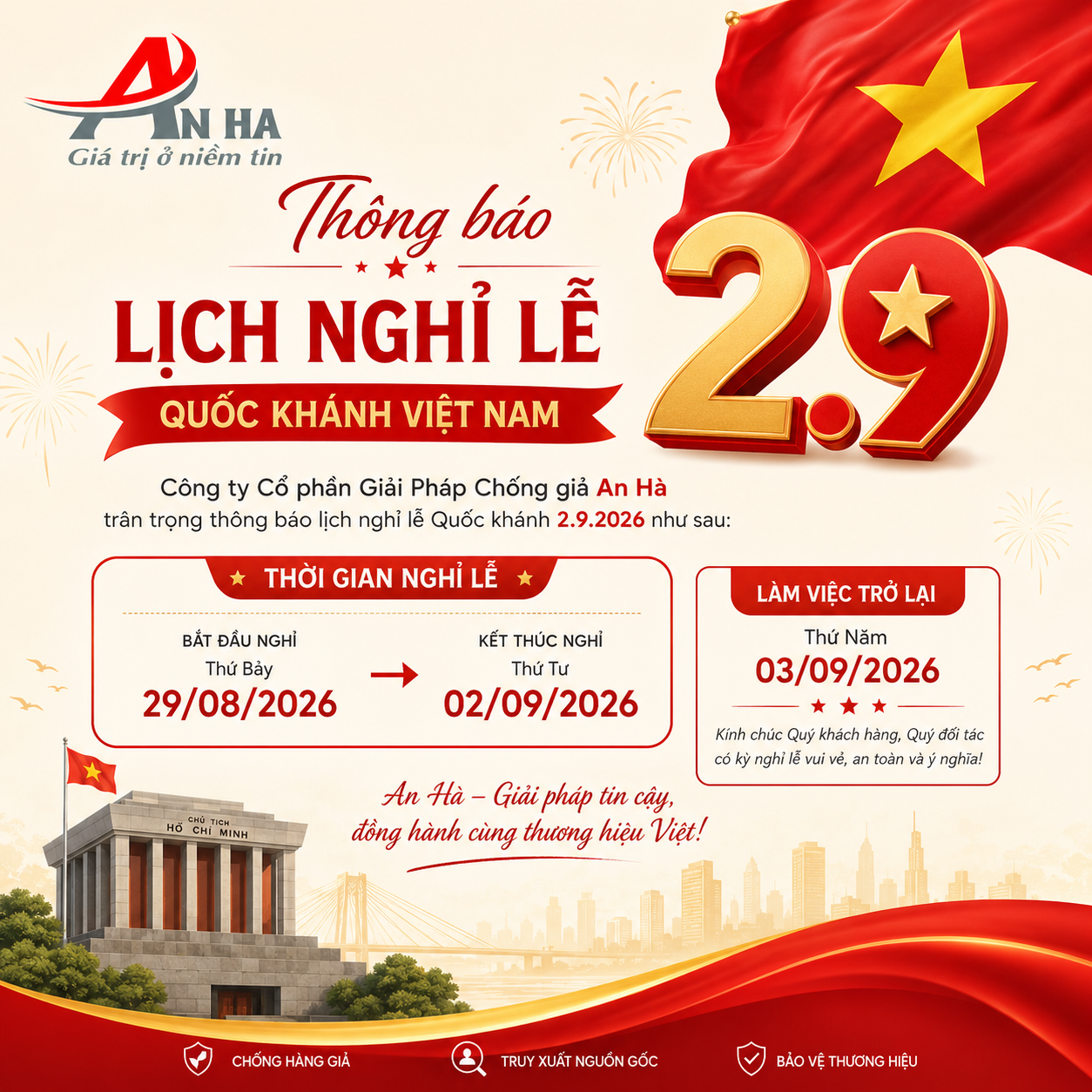 An Hà thông báo lịch nghỉ Lễ 2/9/2026